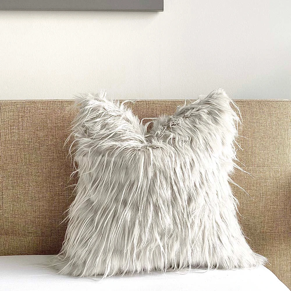 Mongolian Faux Fur Pillow Cover - Wolfy 1 Mongolian Faux Fur Pillow Cover - Wolfy