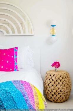 Color Cap Double Sconce 6" -Cozy Light World cap double globe sconce lighting blue brass dutton brown brooke garden katherine jackson domino magazine bedroom scene 2