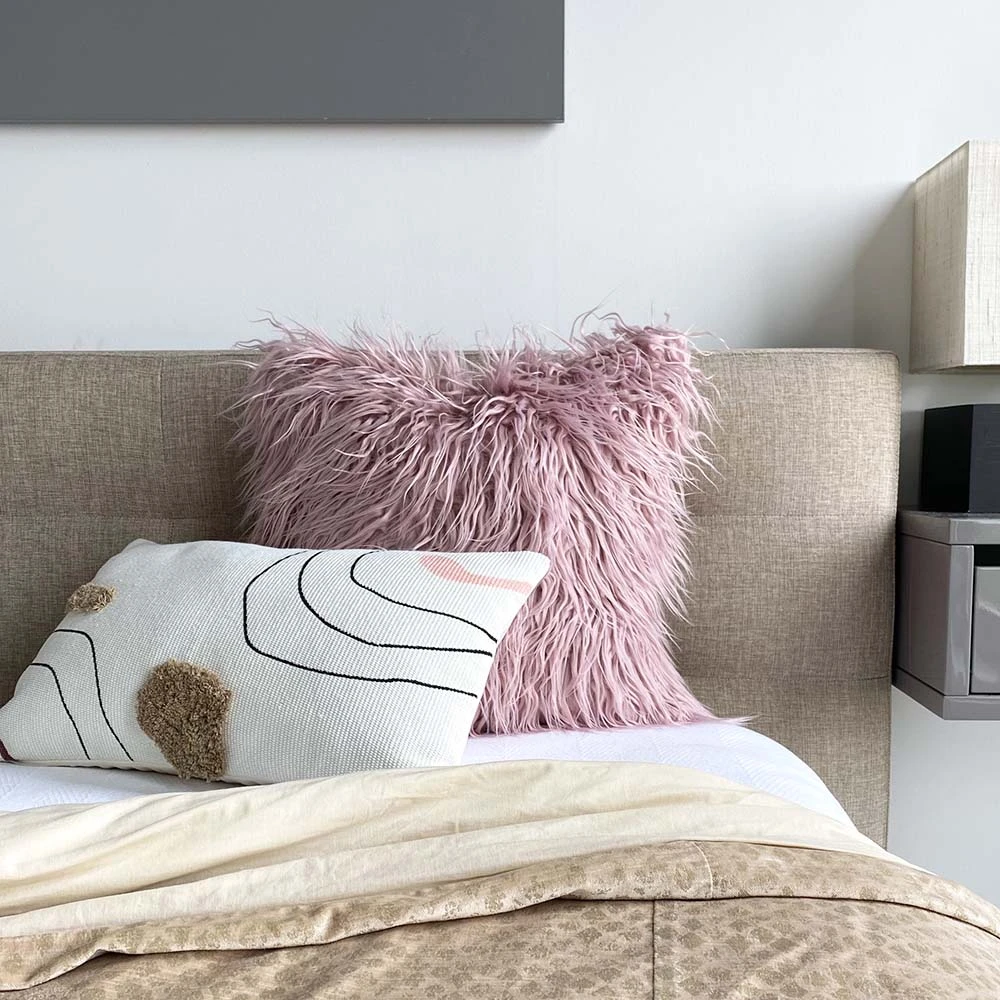 Mongolian Faux Fur Pillow Cover - Flamingo 2 Mongolian Faux Fur Pillow Cover - Flamingo - Image 2